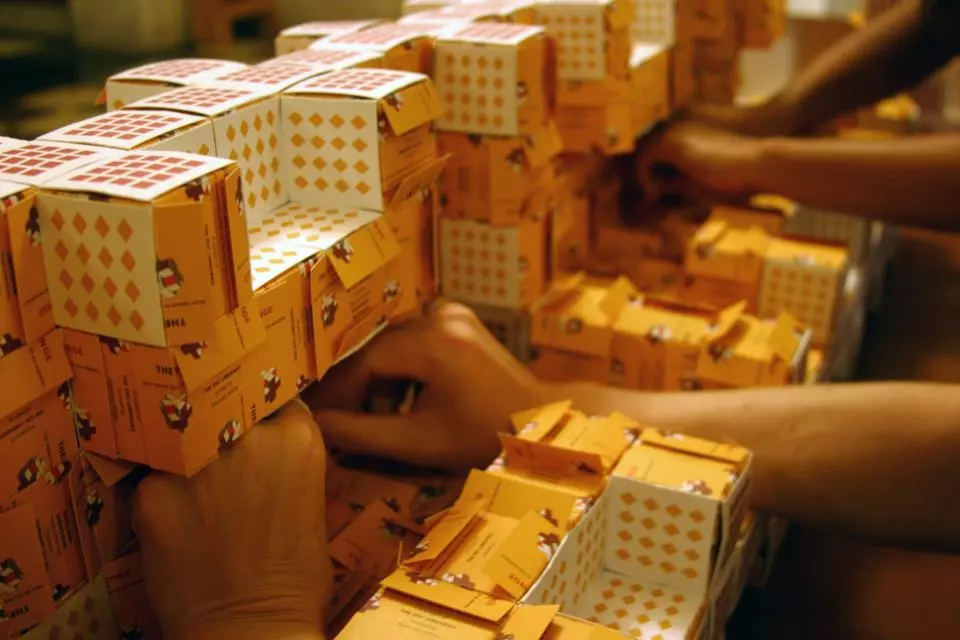 The construction method was devised by Mosely herself, requiring a computer model to assess the number of business cards required