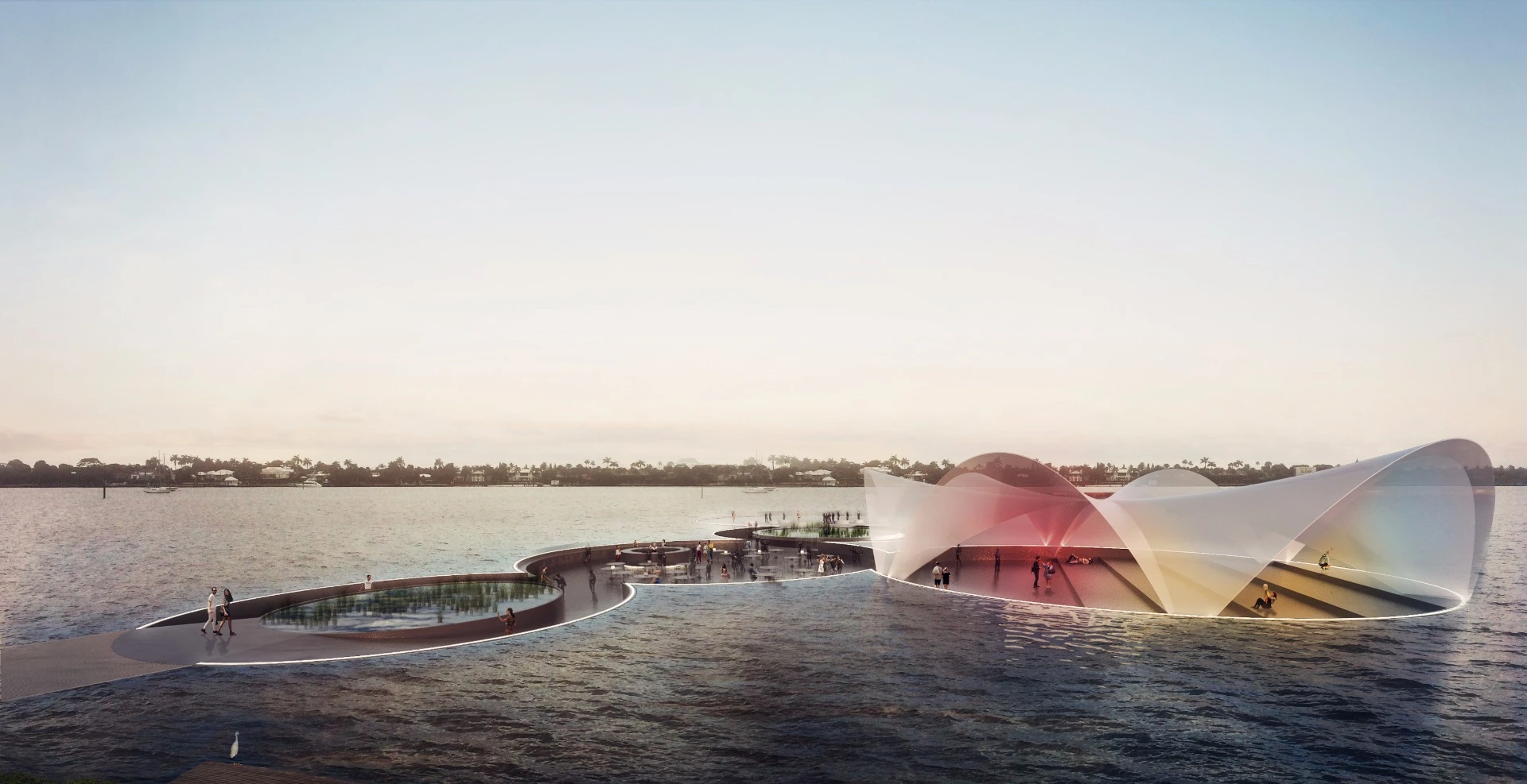 The Currie Park floating plaza will be mounted on a system of responsive air chambers that will take in and expel air based on the number of people walking on the platform