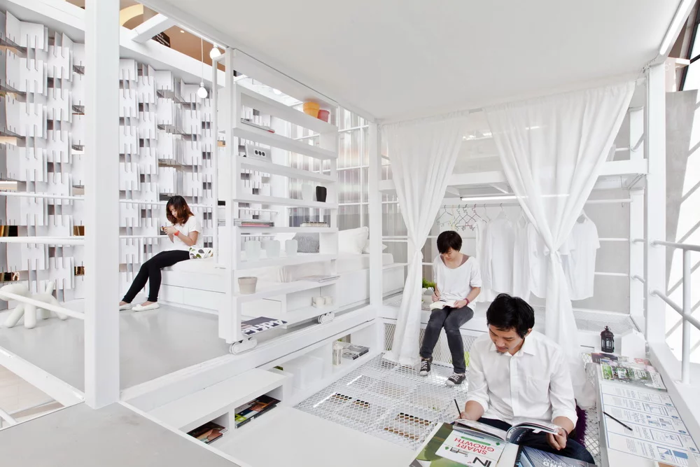 Besides the bathroom, there are few real walls, and the designers promote the benefits of a shared, open space