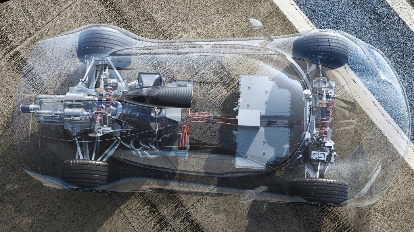 Derived directly from Formula 1, the highly integrated and intelligently networked power unit comprises one turbocharged 1600cc internal combustion engine and four electric motors