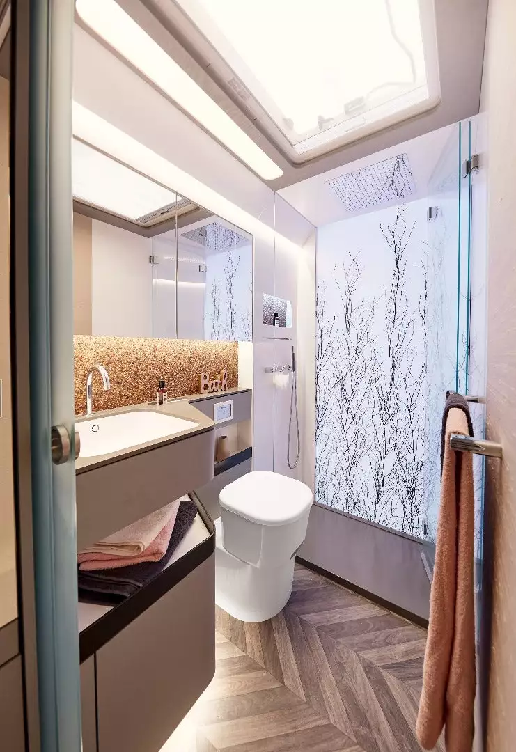 No cramped wet bath here; Bürstner's Harmony 3 has a spacious bathroom with artistic backlit shower