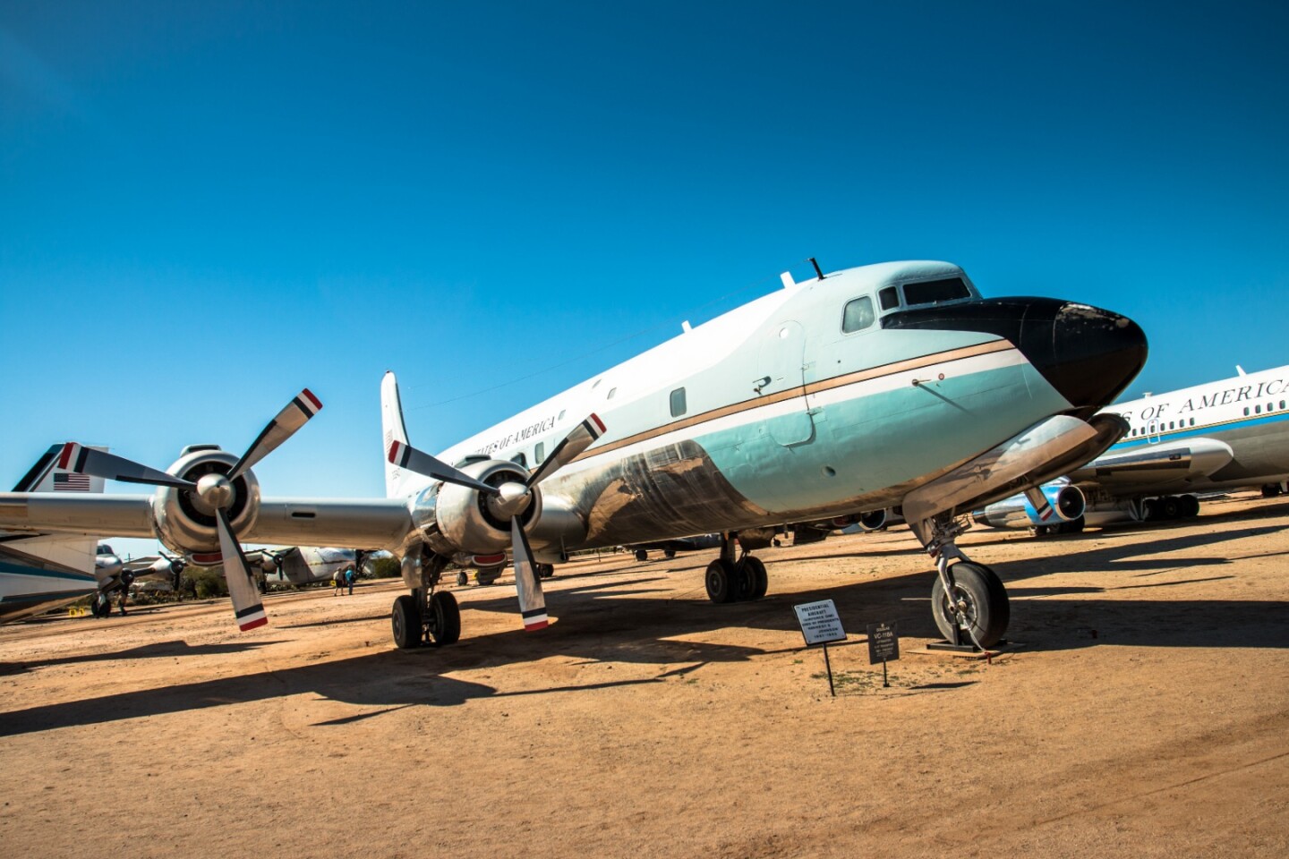 This Douglas VC-118A Liftmaster – a militarized version of the old DC-6 airliner – served as Air Force One for President Kennedy in the 1960s, before he decided to switch to a newer Boeing VC-137, based on the 707.
