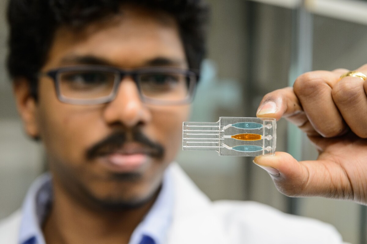 Karteek Kadimisetty holds the 3-D printed sample chamber of his genetic toxicity testing device.