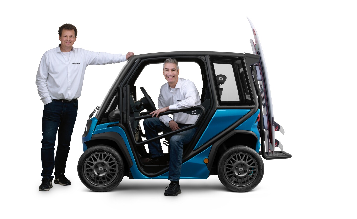 Squad Mobility founders Robert Hoevers and Chris Klok with the special edition Solar Buggy microEV
