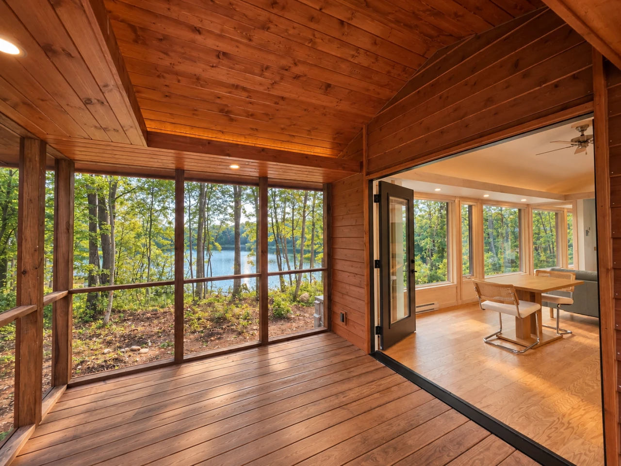 The Glass House has an enclosed porch providing a large indoor/outdoor living area