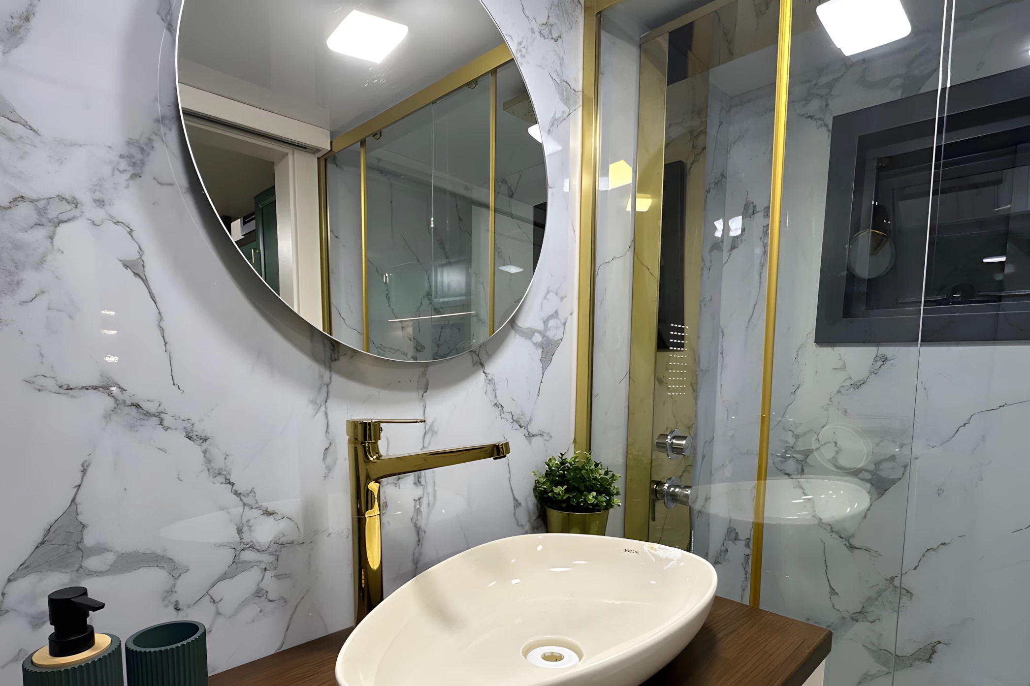 The Miami tiny house's bathroom includes a walk-in shower, a vanity sink, and a flushing toilet