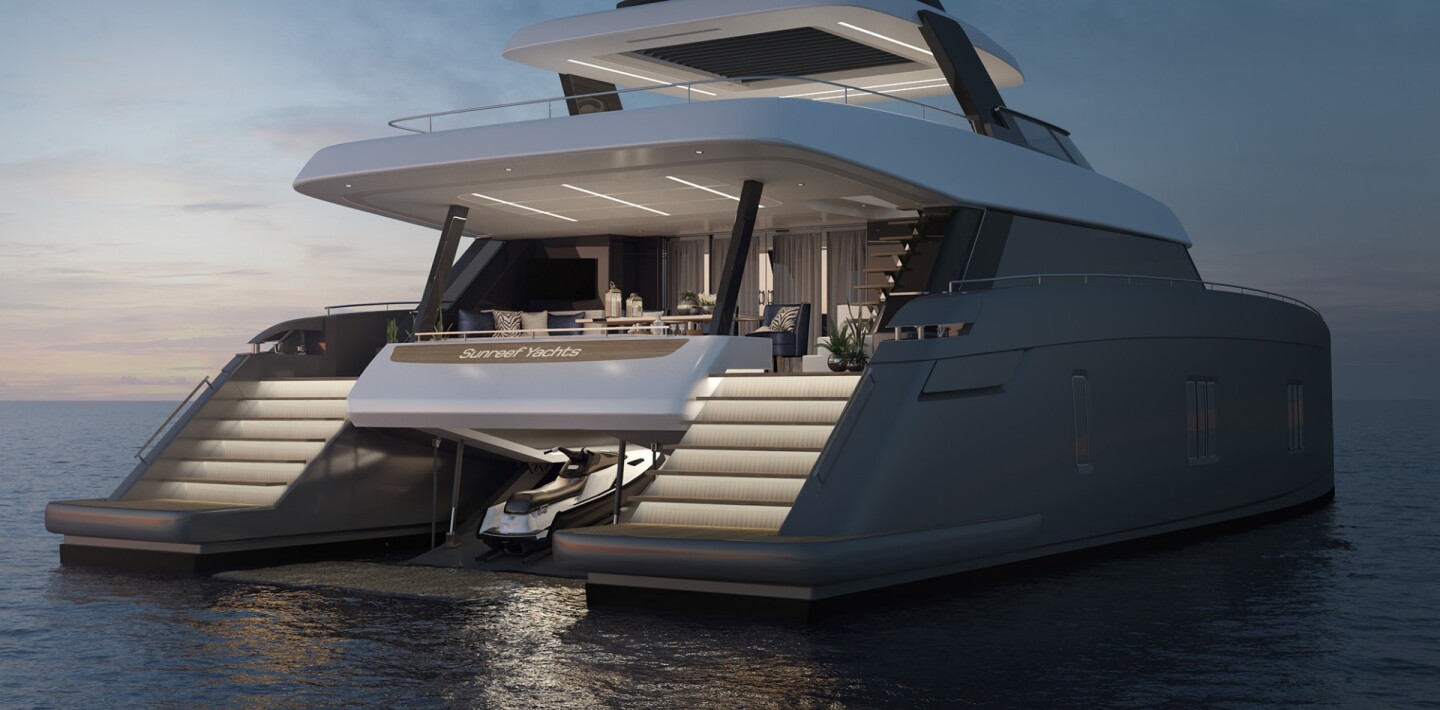 A huge garage also features underneath for stowing jet skis, dinghys and other water toys on the 80 Sunreef Power