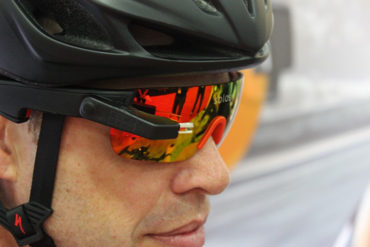 The Solos cycling glasses display performance metrics like heart rate, average speed and elevation