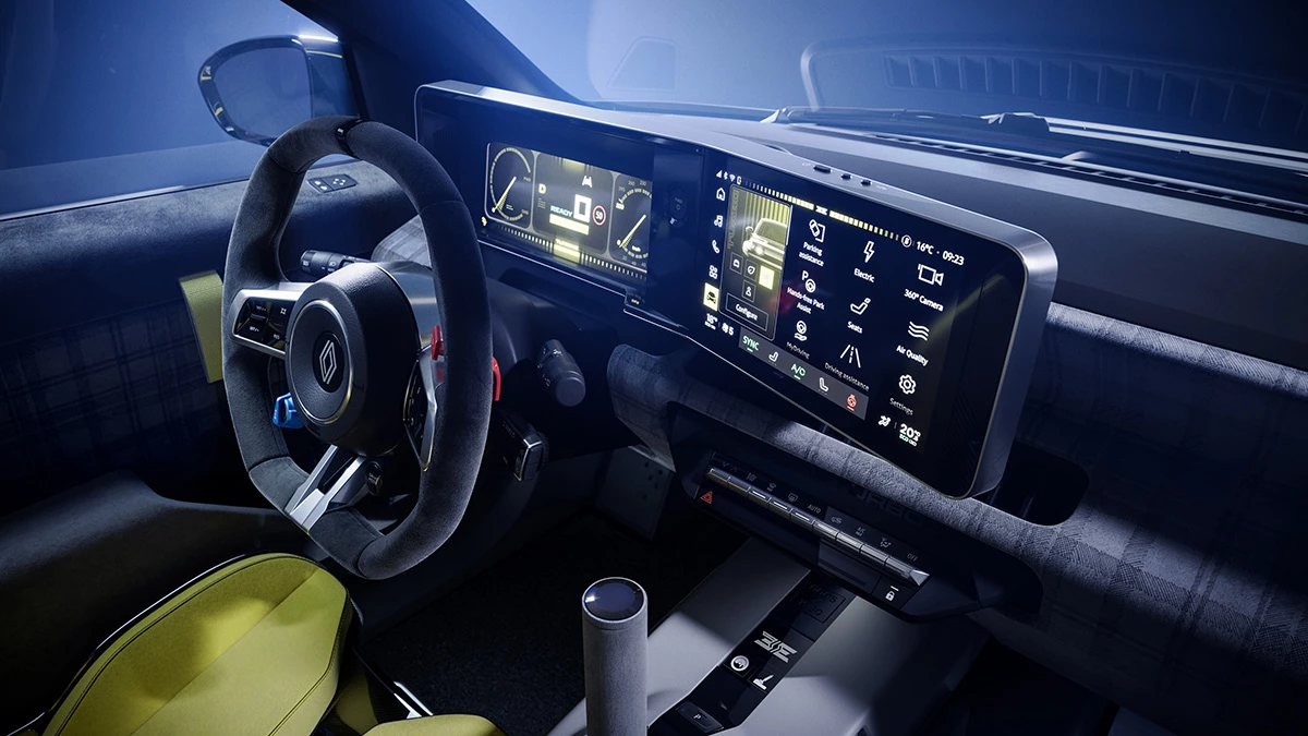The 3E isn't really about niceties in the cabin, though you will find Alcantara-clad surfaces, dual 10-inch screens with connected features, and a rally-style handbrake
