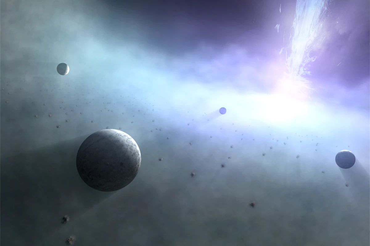 An artist's impression of planets orbiting a supermassive black hole