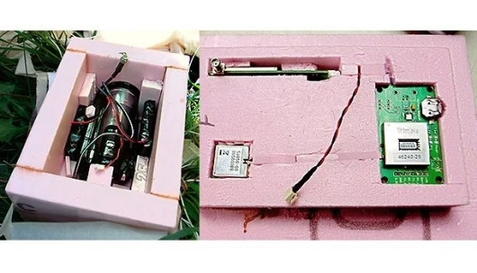 On the left, the packed camera and batteries. On the right, the tracker