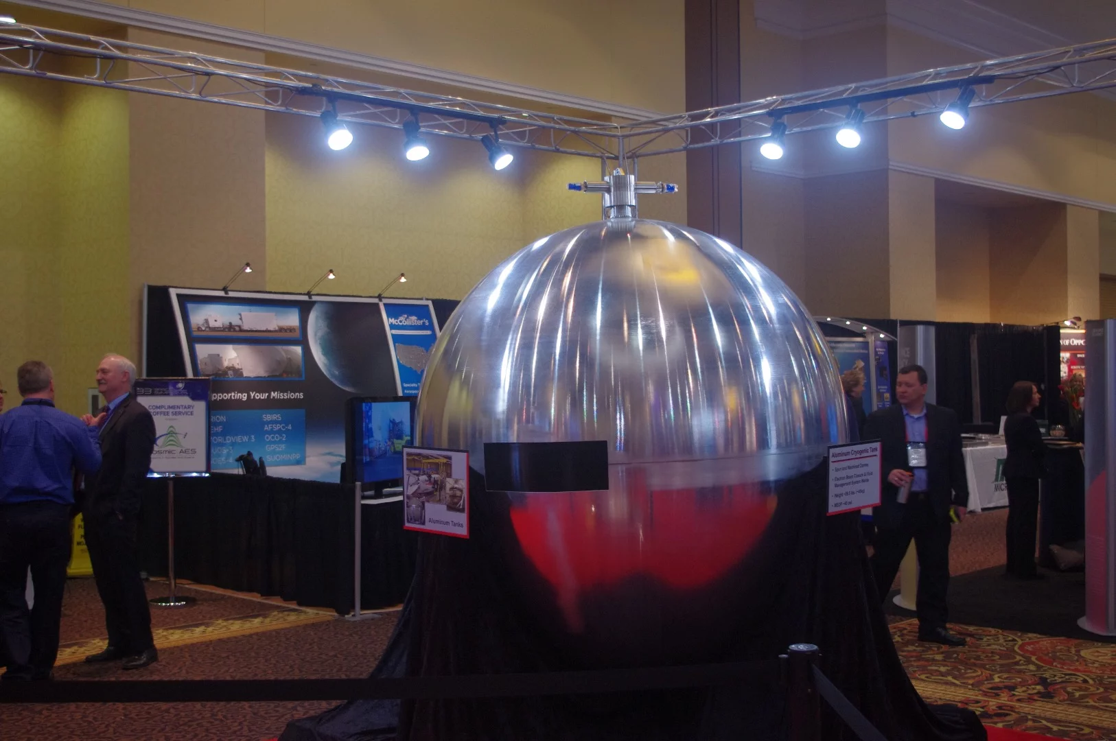 An aluminum cryogenic tank from Spincraft, which could be used on a high-altitude, long-endurance (HALE) vehicle. Unlike a satellite that needs to maintain motion, a HALE vehicle can remain stationary for long periods of time carrying out its functions, such as surveillance. This fuel tank weighs just 99 pounds and was created using electron-beam welding.