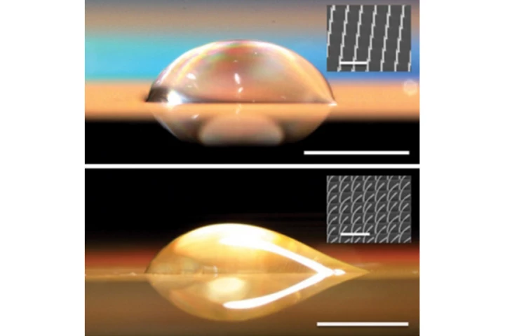 A symmetrical droplet (top) forms on a surface with straight nano-pillars, while on a surface with bent pillars (bottom) the droplet extends out only to the right (Images: Kuang-Han Chu, Rong Xiao and Evelyn N. Wang)