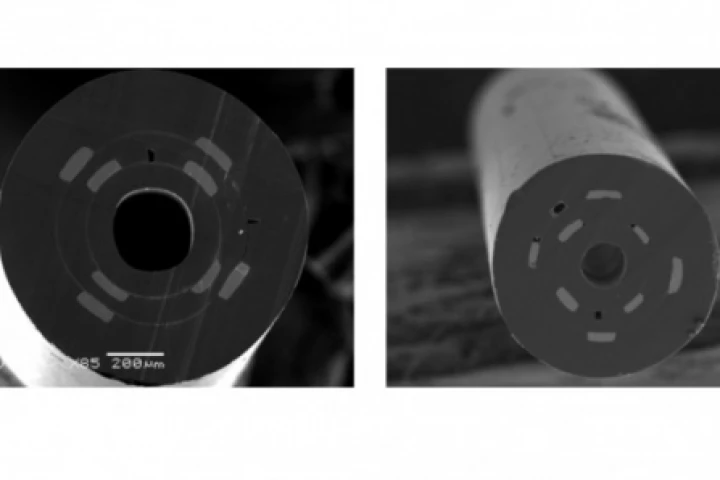 SEM micrographs of the fiber show the uniform arrangement of the cross-section structure from the macroscopic preform (left) to the microscopic fiber (right)