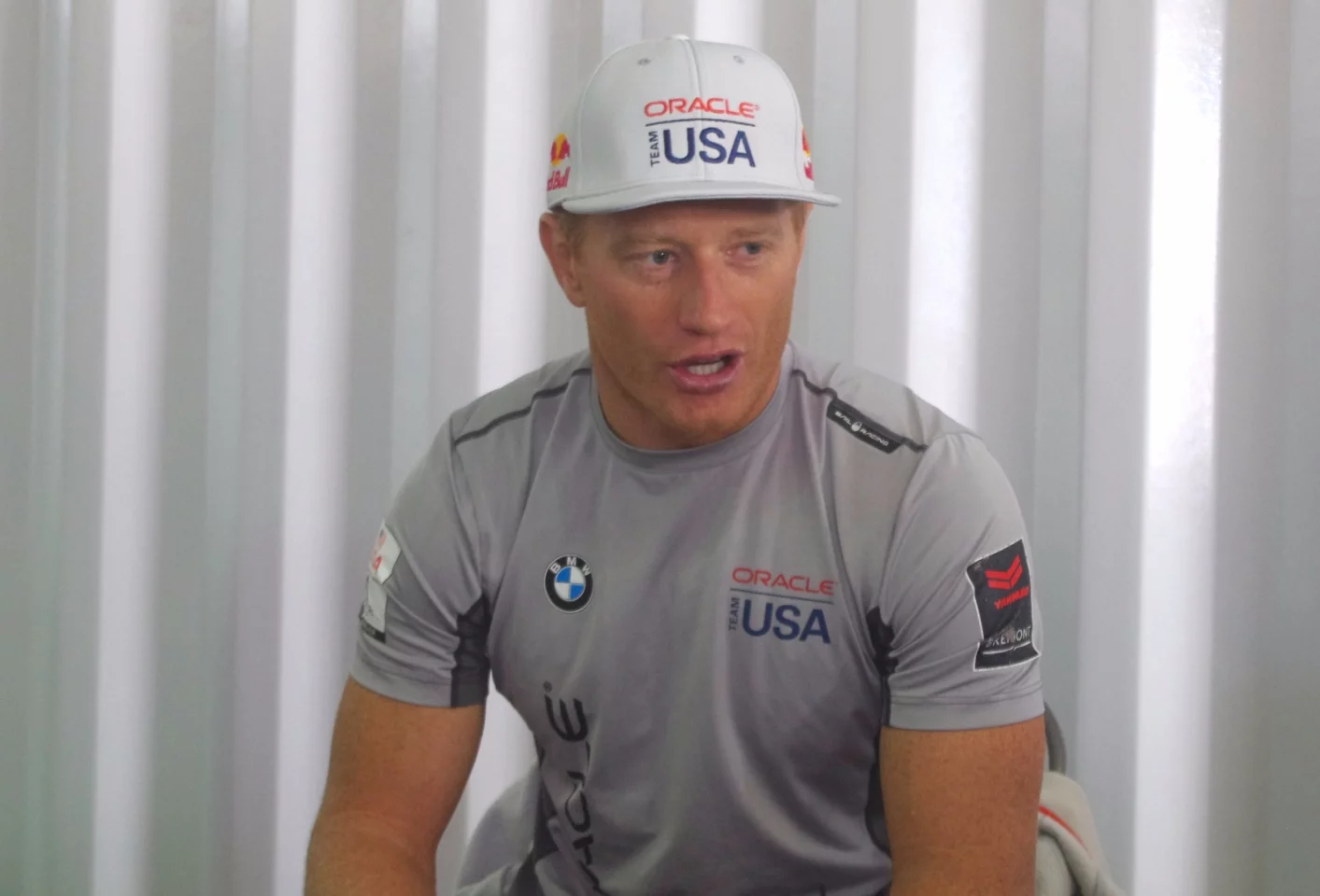 Oracle Team USA skipper Jimmy Spithill chatting with press at Oracle Team USA's canteen in Bermuda