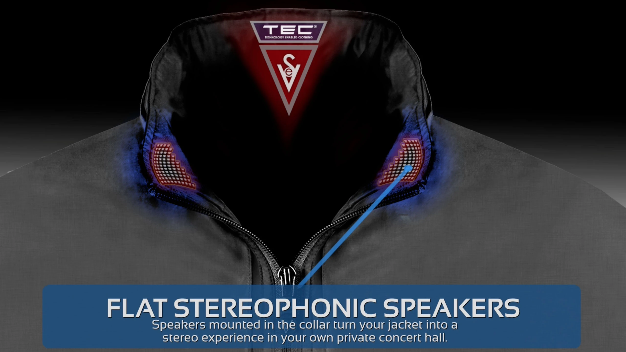 Stereophonic speakers are woven into the collar