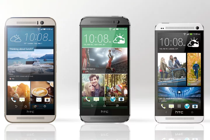 Gizmag compares the features and specs of the HTC One M9 (far left), HTC One M8 (middle) and HTC One M7