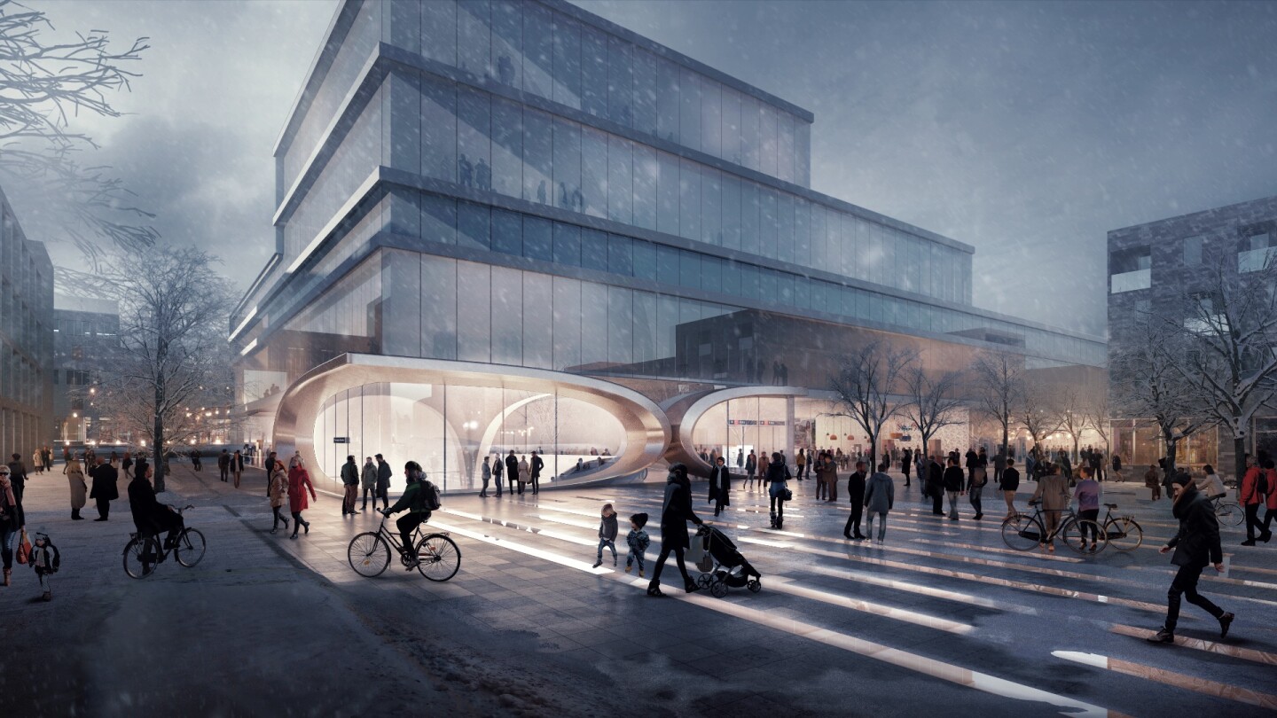 The Fornebu Senter station is inspired by Norway’s mountainous landscapes and fjords