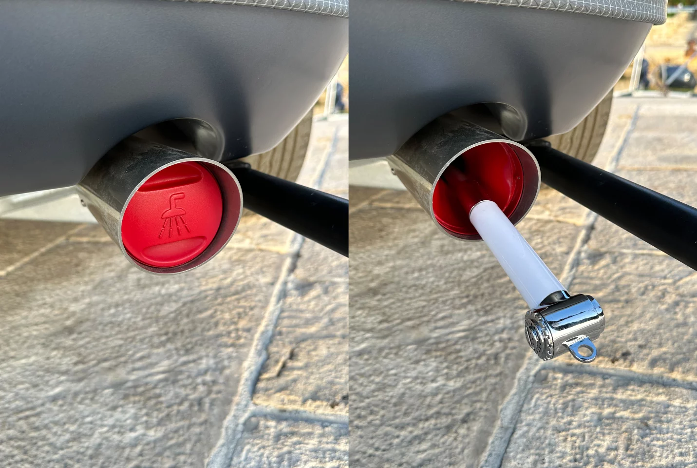 The pull-out shower hides inside tailpipe 1, while the shore power hookup is inside tailpipe 2
