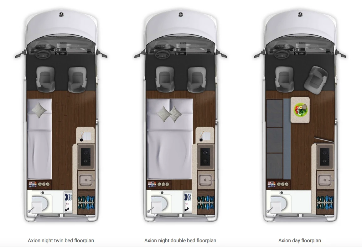 Twin-bed, double-bed and day floor plans of the Carado Axion