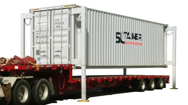 The SL-Tainer is a self-lifting container that does away with the need for a crane to load and unload it from a truck