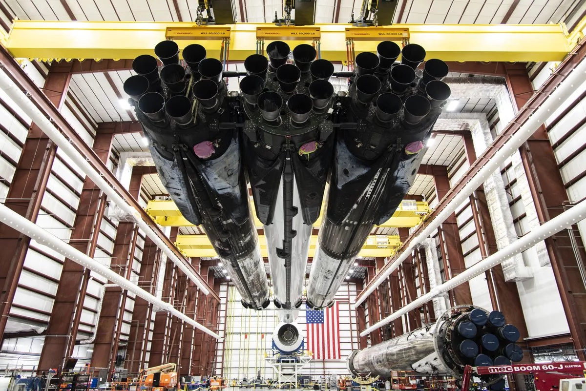 The Falcon Heavy in the hangar ahead of the STP-2 mission