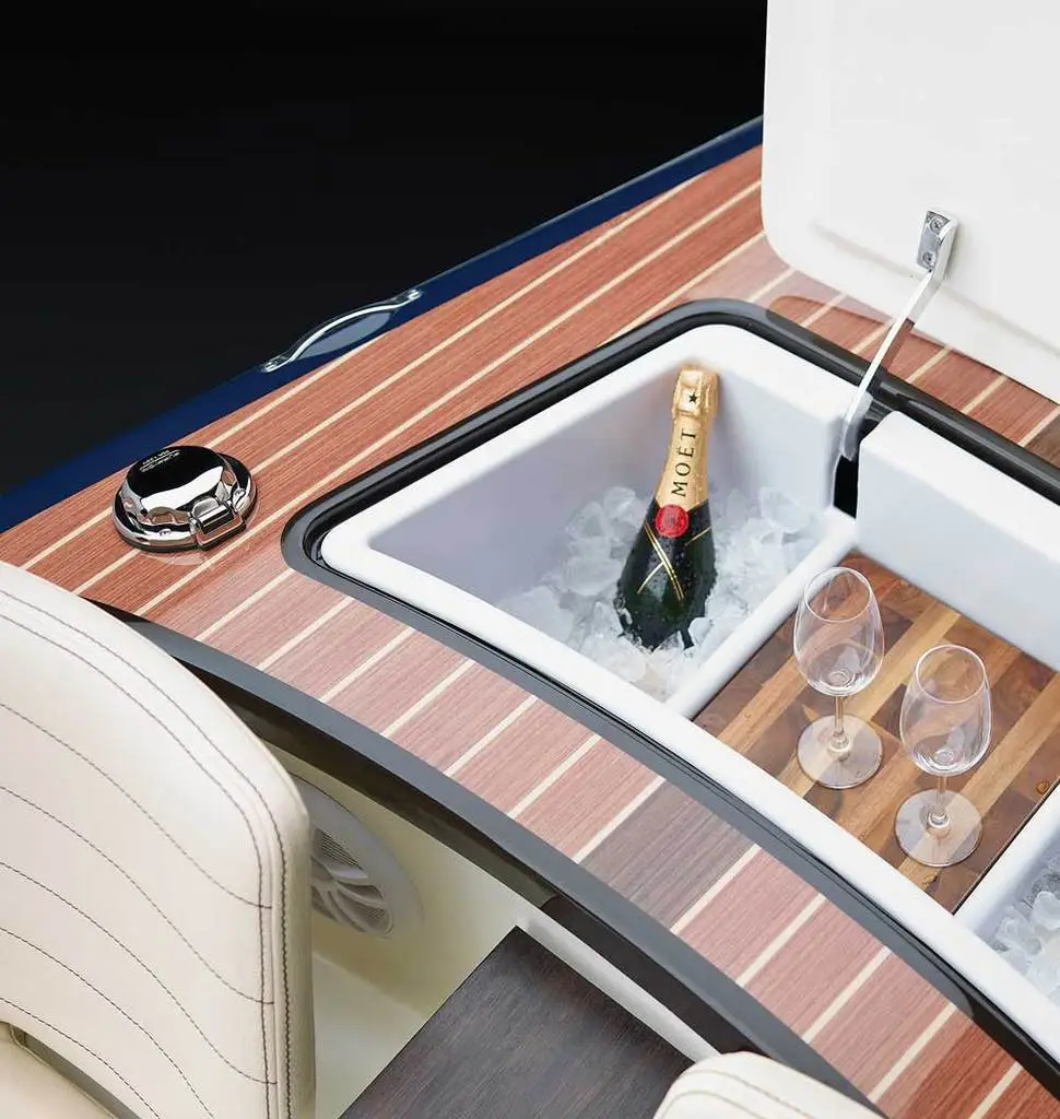 The boats come with a food and drink cooler incorporated into the contours of the boat