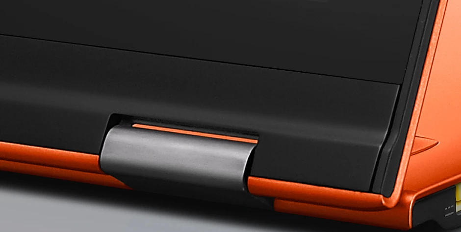 The hinge that allows the YOGA 13 to be placed in Tent mode (standing on its edges) or Stand mode (with its keyboard laid flat against the desk) as well as more familiar laptop and tablet orientations