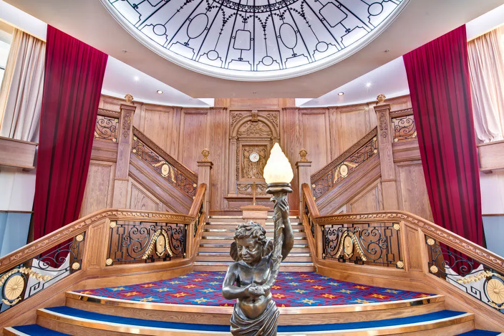 The replica Grand Staricase is made from red oak similar to that used on Titanic