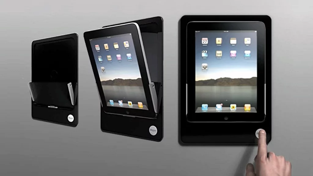 The iRoom iDock sits flush with the wall to mount an iPad in the wall