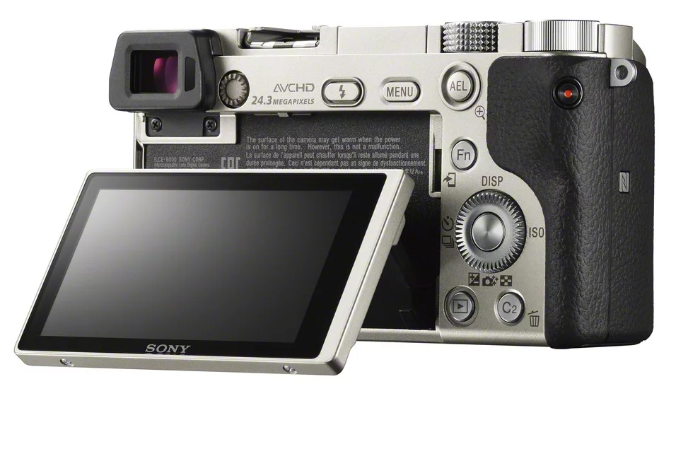 Around the back of the Sony A6000 there's an OLED electronic viewfinder with 1,440k dots and a 3-inch tiltable LCD