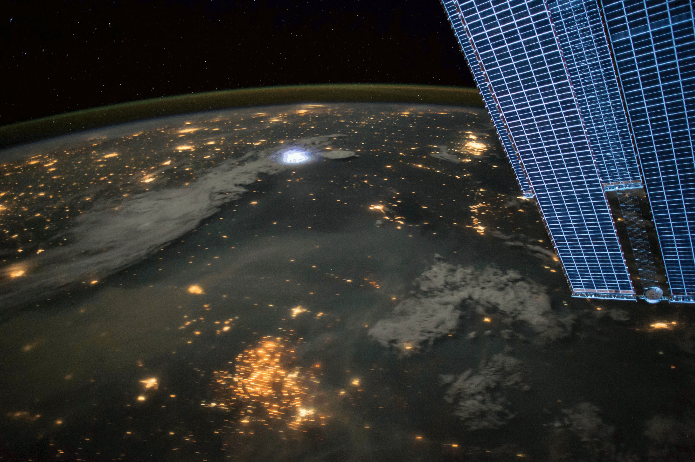 Lightning captured in a photograph by ESA astronaut Paolo Nespoli from on board the International Space Station