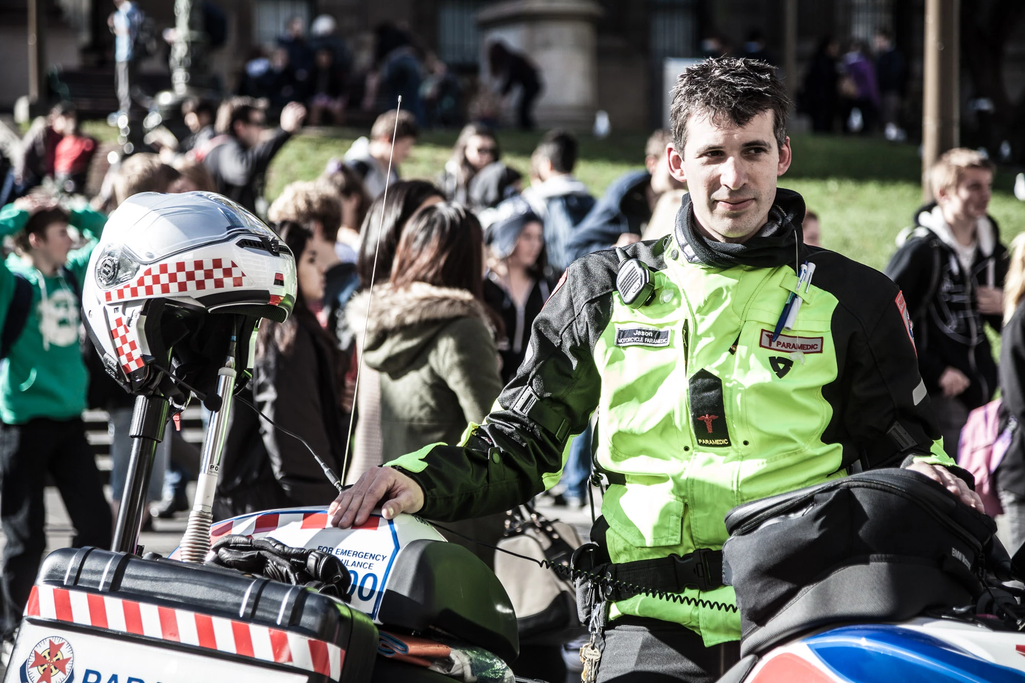 "Propped and ready to respond in the CBD with heaps of people around. There's no ambulance stations in the CBD grid, so we make a habit of propping there between jobs. A lot of people just see the uniform and start asking questions or directions, so it's a bit of a face of Melbourne thing. It's not an ambulance function at all, but it's nice to be able to help the community."