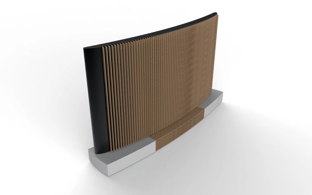 The rear of the TV sports gorgeous wood slats