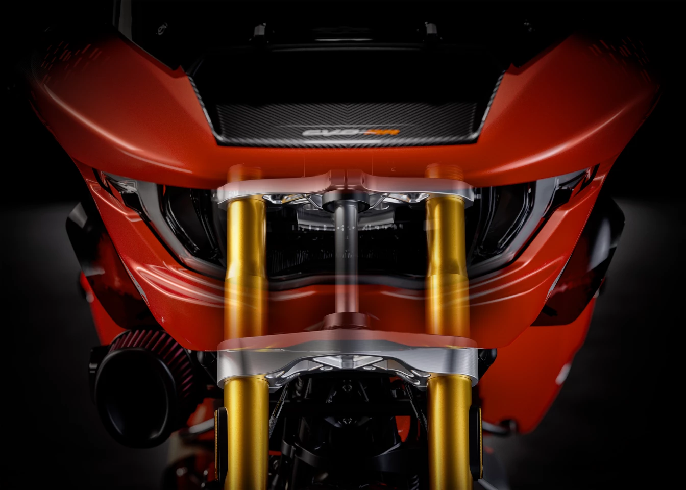 A billet aluminum swingarm adds stiffness and decreases weight, while a 43-mm inverted front fork and two outboard rear shocks improve handling