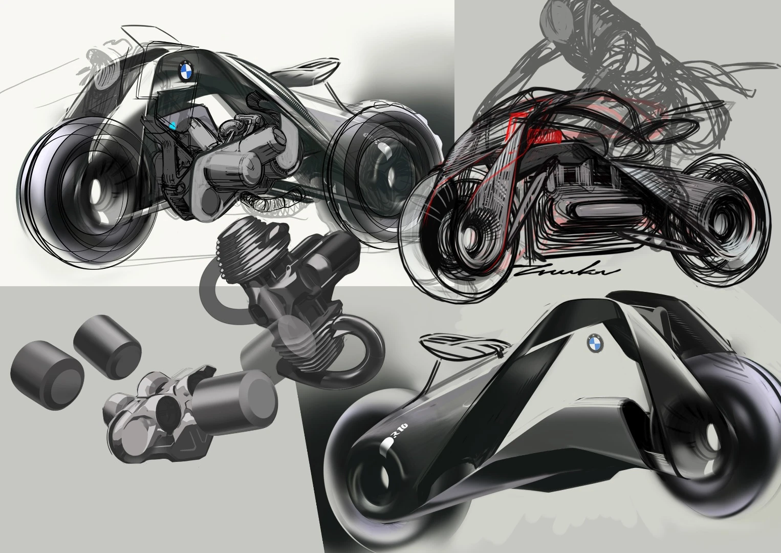 Design sketches of the Motorrad Vision Next 100 concept motorcycle