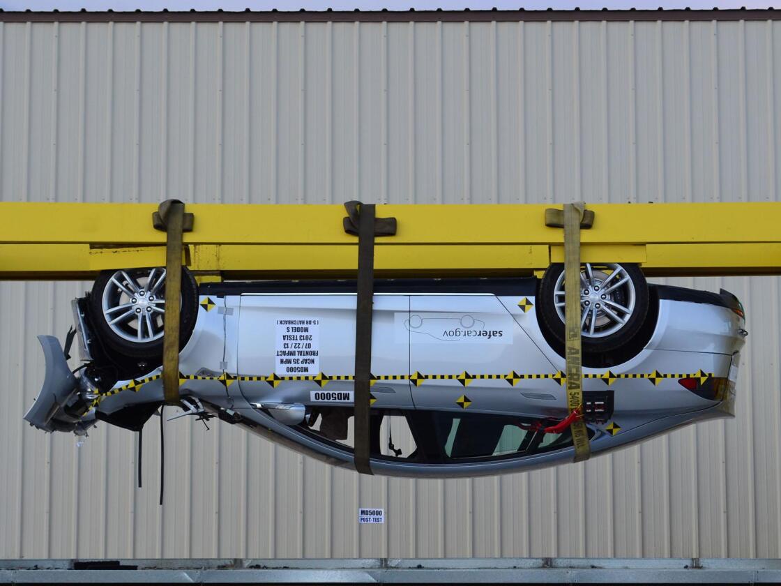 The Model S was tested at just over 4 g of force on the roof ... before the testing rig failed (Photo: NHTSA)