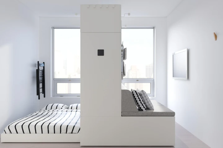 Rognan robotic furniture is a multi-purpose unit featuring a smart robotic platform that optimizes the use of small spaces or single-room living
