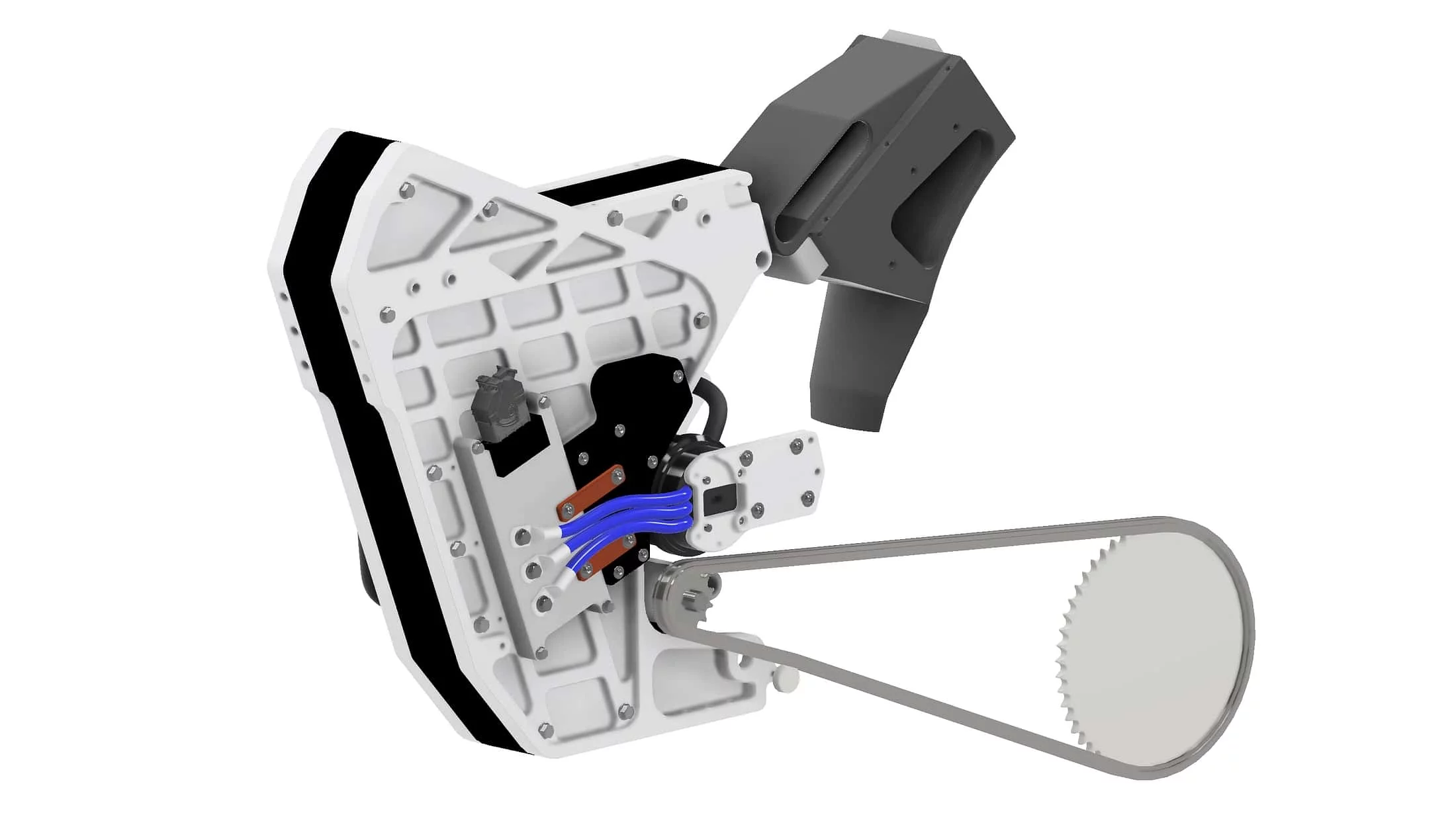 Render of the water cooling for the electric motor and control electronics, with radiator at the rear