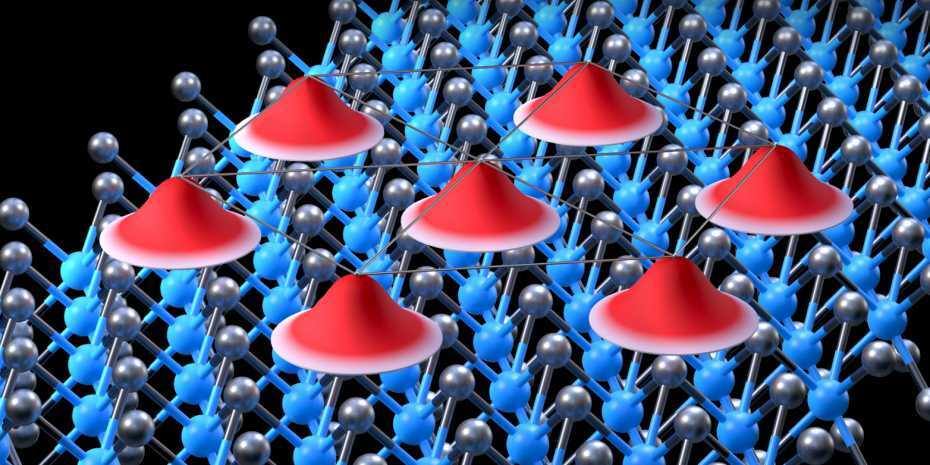 An artist's impression of the structure of a Wigner crystal made of electrons (red) inside a semiconductor material (blue and gray)