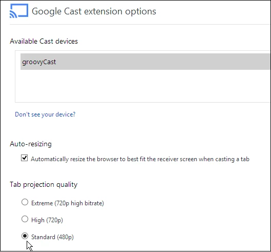 Under Google Cast extensions you can tweak projection quality and how the video behaves when casting