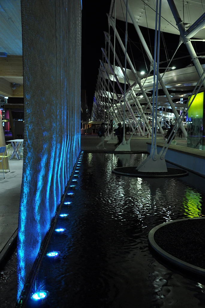 Water features light up during the evening