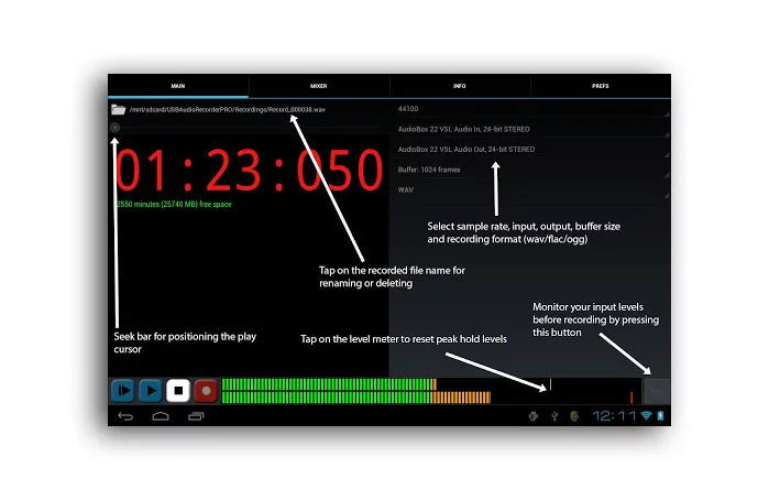 The main page of eXtream's USB Audio Recorder PRO (tablet view)