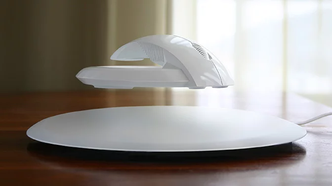 The BAT wireless mouse floats above the mains-powered base thanks to the magical power of magnets
