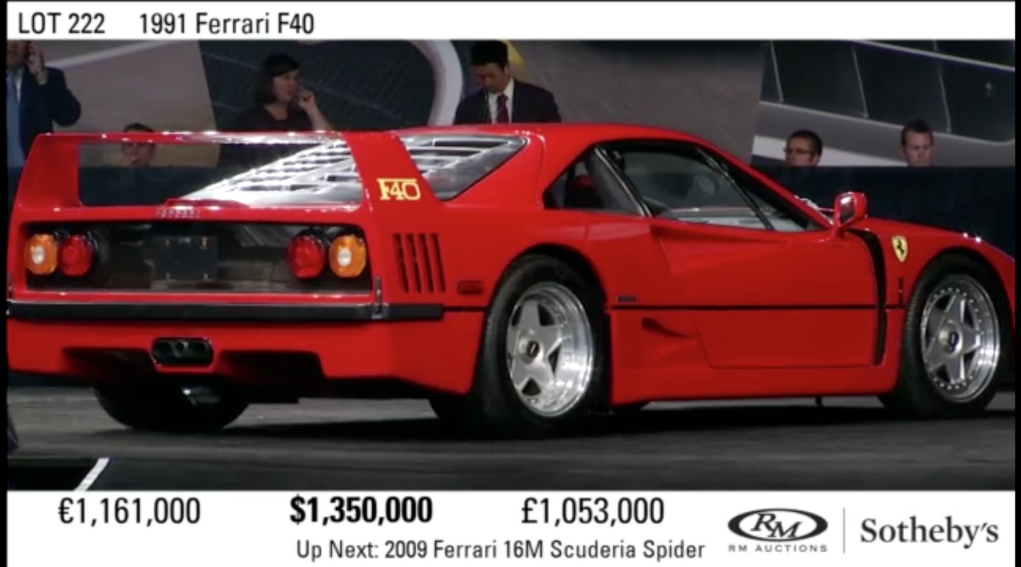 $1,540,000 | 1991 Ferrari F40Estimate: $1,300,000 to $1,500,000Official Auction Description: RM-SothebysLot 222