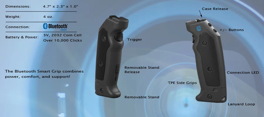 Once it's in place, the iPhone can be connected to a free app via Bluetooth 4.0 and controlled with three buttons: a trigger for shooting photos or rolling video and a pair of +/- buttons to adjust the zoom