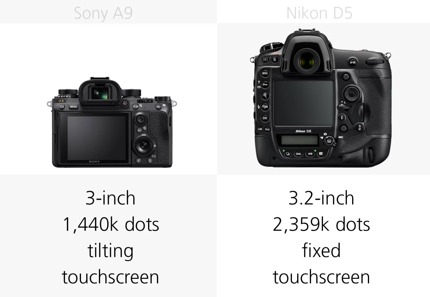 The rear monitors of the Sony A9 and Nikon D5 compared