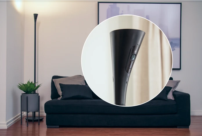 The HomeHawk Floor doubles the functionality of a corner floor lamp by integrating a 1080p home security camera into the design