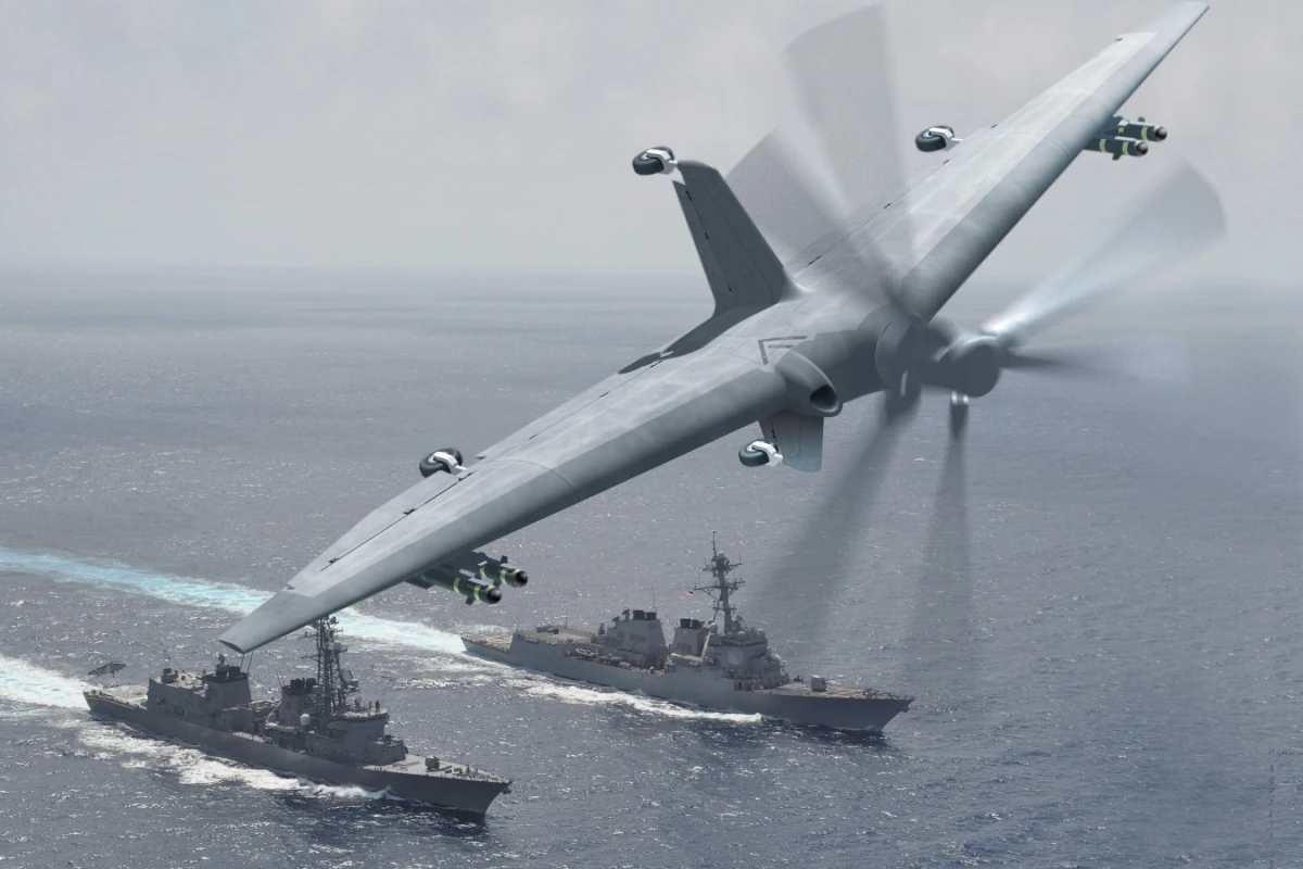 Artist's concept of a full-scale demonstrator system of a medium-altitude, long-endurance unmanned air system (UAS) designed to use forward-deployed small ships as mobile launch and recovery sites