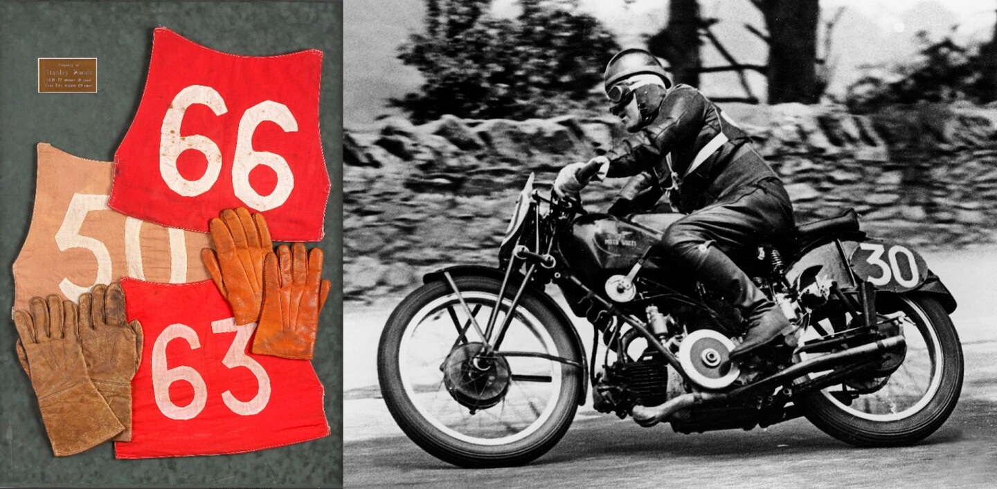 Prior to WW2, all racing leathers were black, and riders were given vests on which their racing number was carried. The selection at left above were used by Stan Woods, the Irish road racer who was arguably the greatest pre-war motorcycle rider, winning the I.O.M. TT 10 times plus 20 Grand prix wins at a time when there weren't that many Grand Prix. Quite clearly, given they fetched just $525, as the name Stanley Woods has faded from living memory, so too has his ability to influence the price of memorabilia. Auction Description